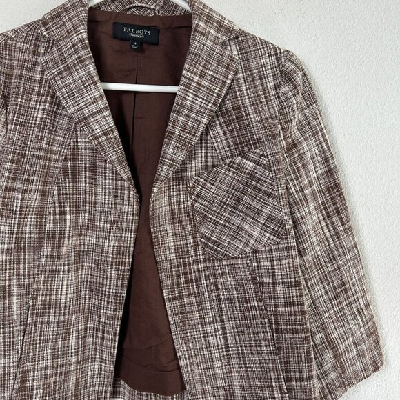 Talbots Blazer Size 4 Brown Plaid Linen Blend Lined Jacket Career Work Pockets - Picture 2 of 11